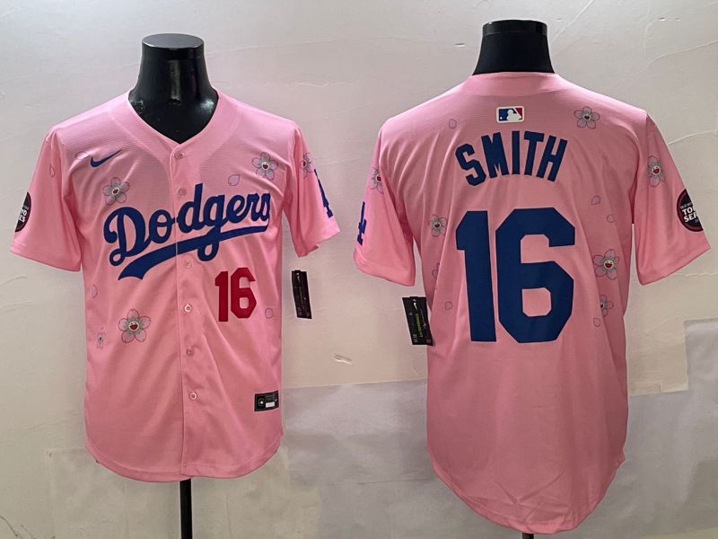 Men Los Angeles Dodgers #16 Smith Pink Sakura Edition 2025 Nike MLB Jersey style 4